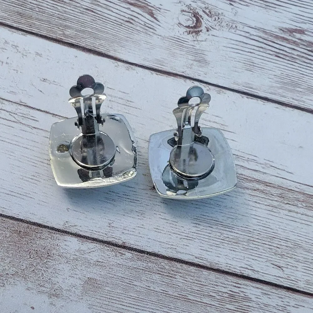 Vintage Clip On Earrings - Chunky Silver Tone - Scuffed